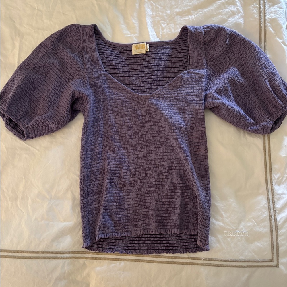 Nation LTD Purple Puff Sleeve Ribbed Blouse